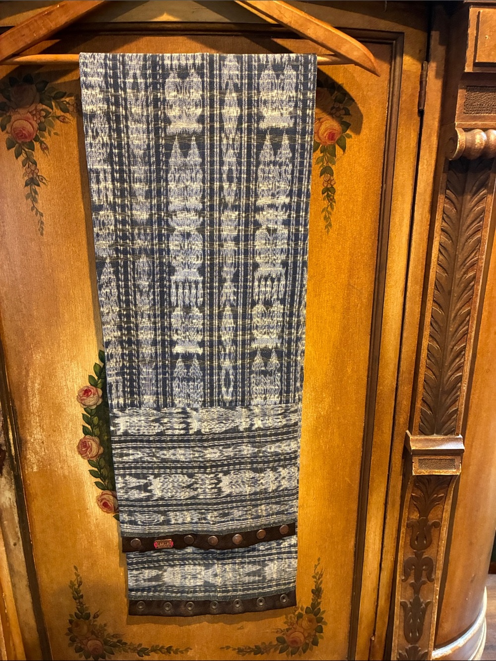 Jaspe handmade Navy and White Ikat Stripe Scarf with Studded Leather Trim